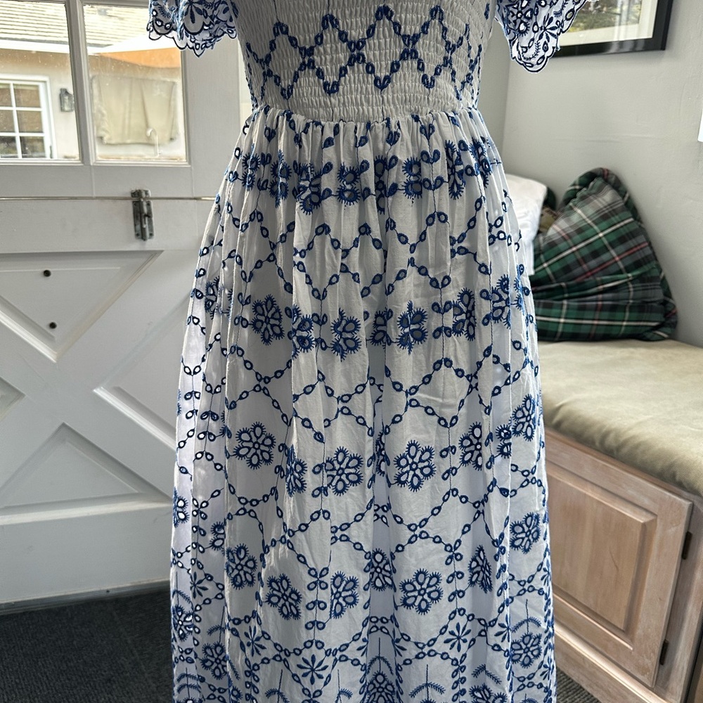 Blue and White Embroidered Maxi Dress